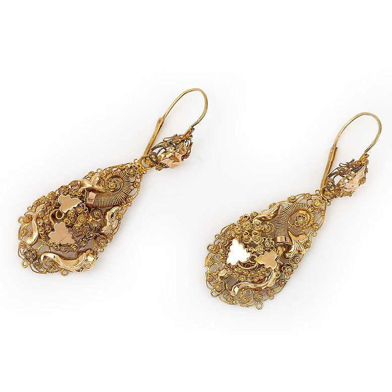 Antique Dutch Etruscan Cannetille Filigree 18ct Yellow Gold Floral Drop Earrings