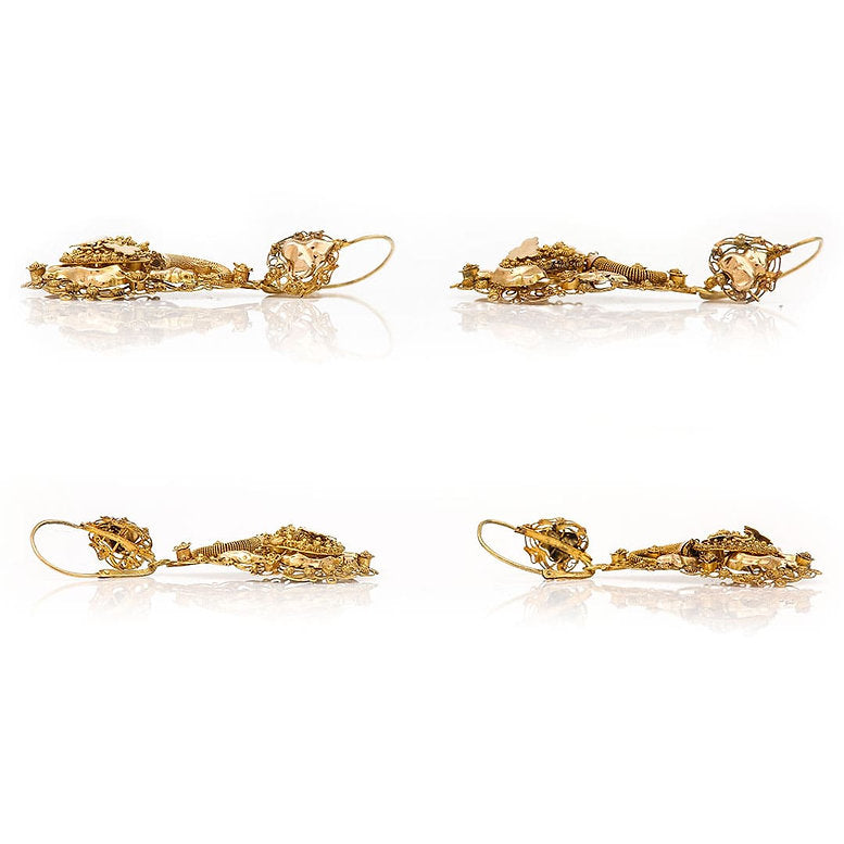 Victorian Antique Dutch Etruscan Cannetille Filigree 18ct Yellow Gold Floral Drop Earrings