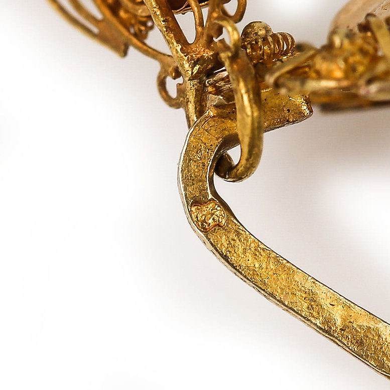 Victorian Antique Dutch Etruscan Cannetille Filigree 18ct Yellow Gold Floral Drop Earrings with master mark