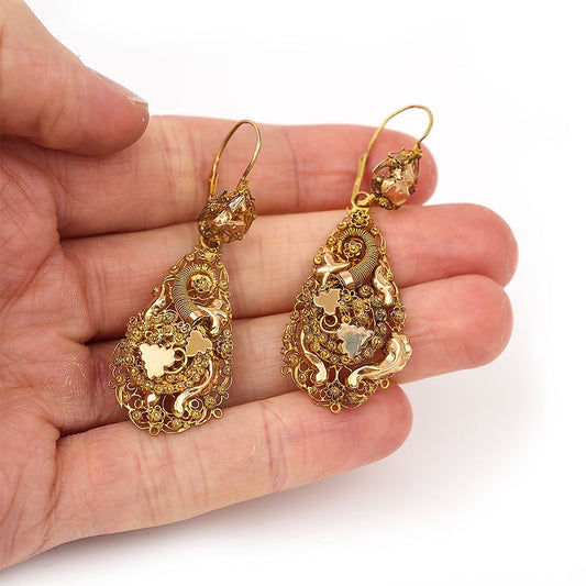 Antique Dutch Etruscan 18ct Yellow Gold Floral Drop Earrings