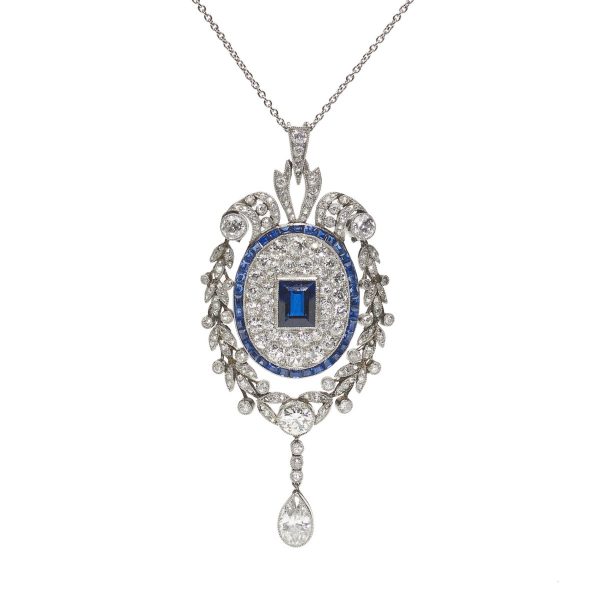 Antique Early Art Deco Sapphire Diamond Platinum Pendant