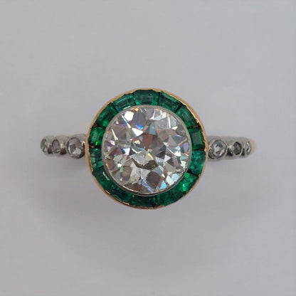 Antique Edwardian 1.50ct Old European Diamond and Emerald Halo Ring