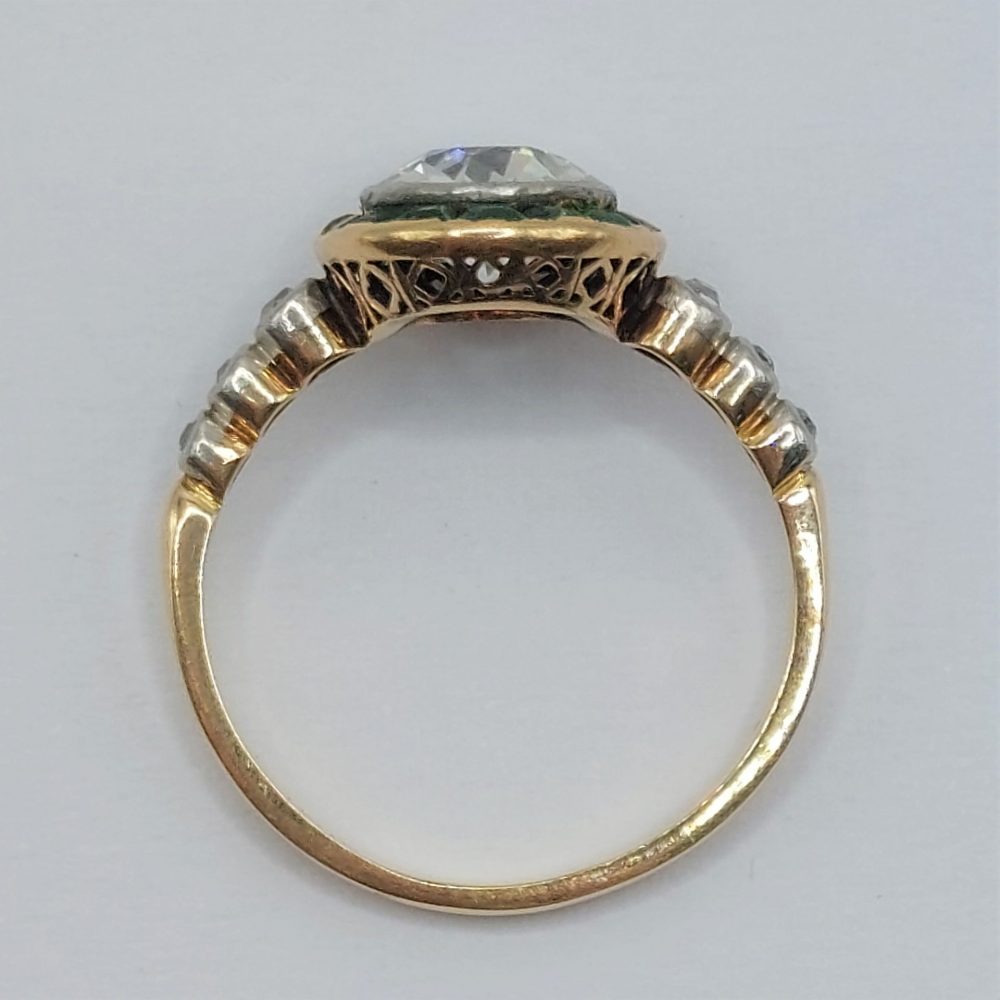 Antique Edwardian 1.50ct Old European Diamond and Emerald Halo Ring