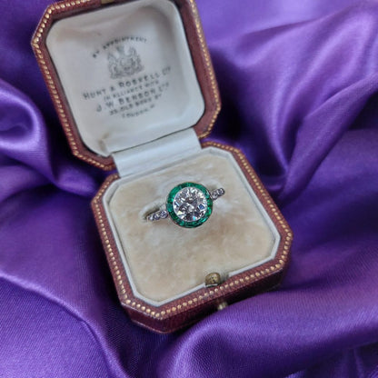 Antique Edwardian 1.50ct Old European Diamond and Emerald Halo Ring