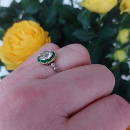 Antique Edwardian 1.50ct Old European Diamond and Emerald Halo Ring