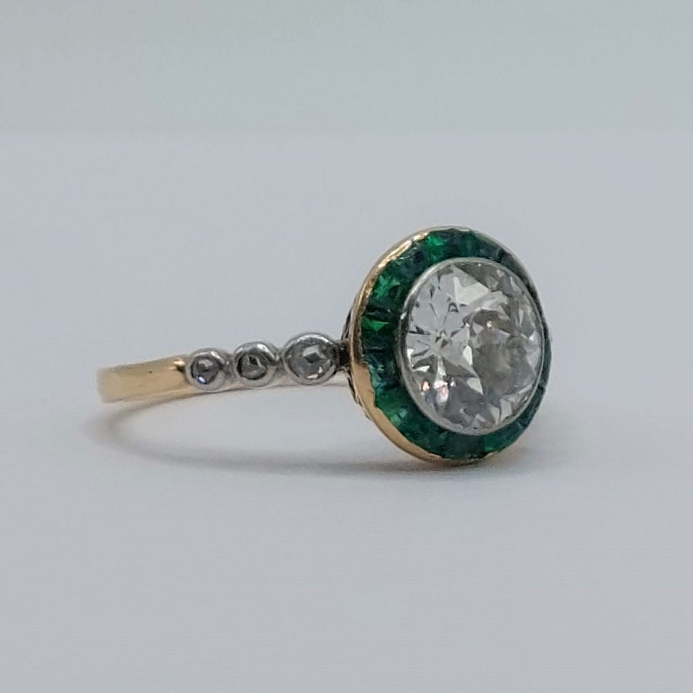 Antique Edwardian 1.50ct Old European Diamond and Emerald Halo Ring