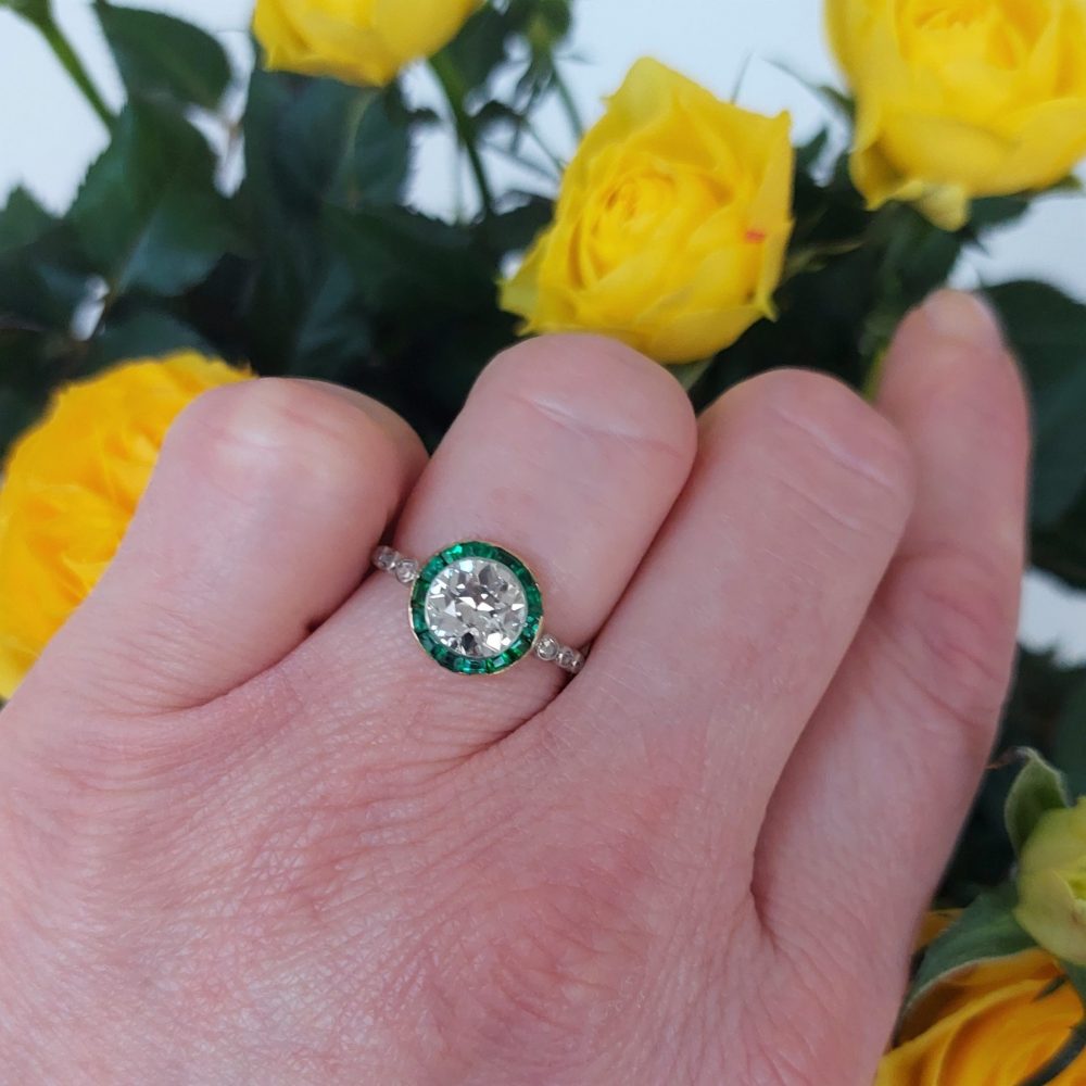 Antique Edwardian 1.50ct Old European Diamond and Emerald Halo Ring