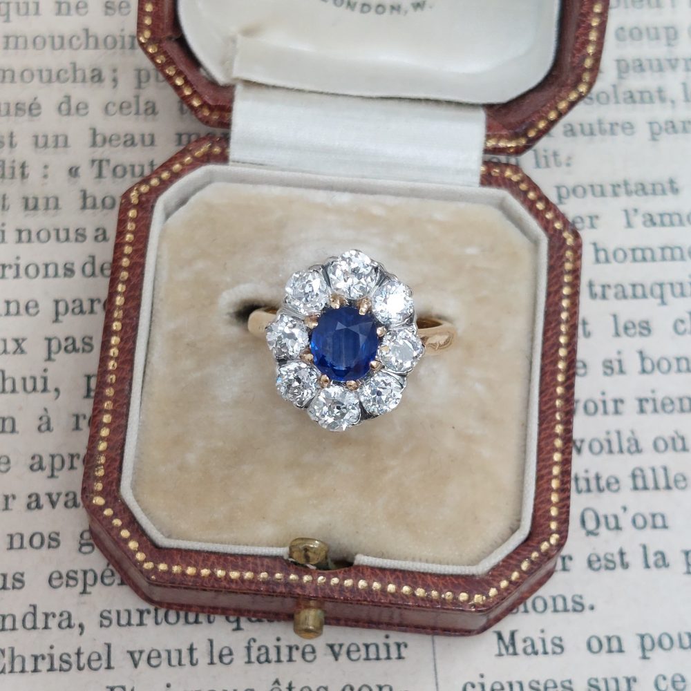 Antique Edwardian 1ct Sapphire and Old Cut Diamond Cluster Ring