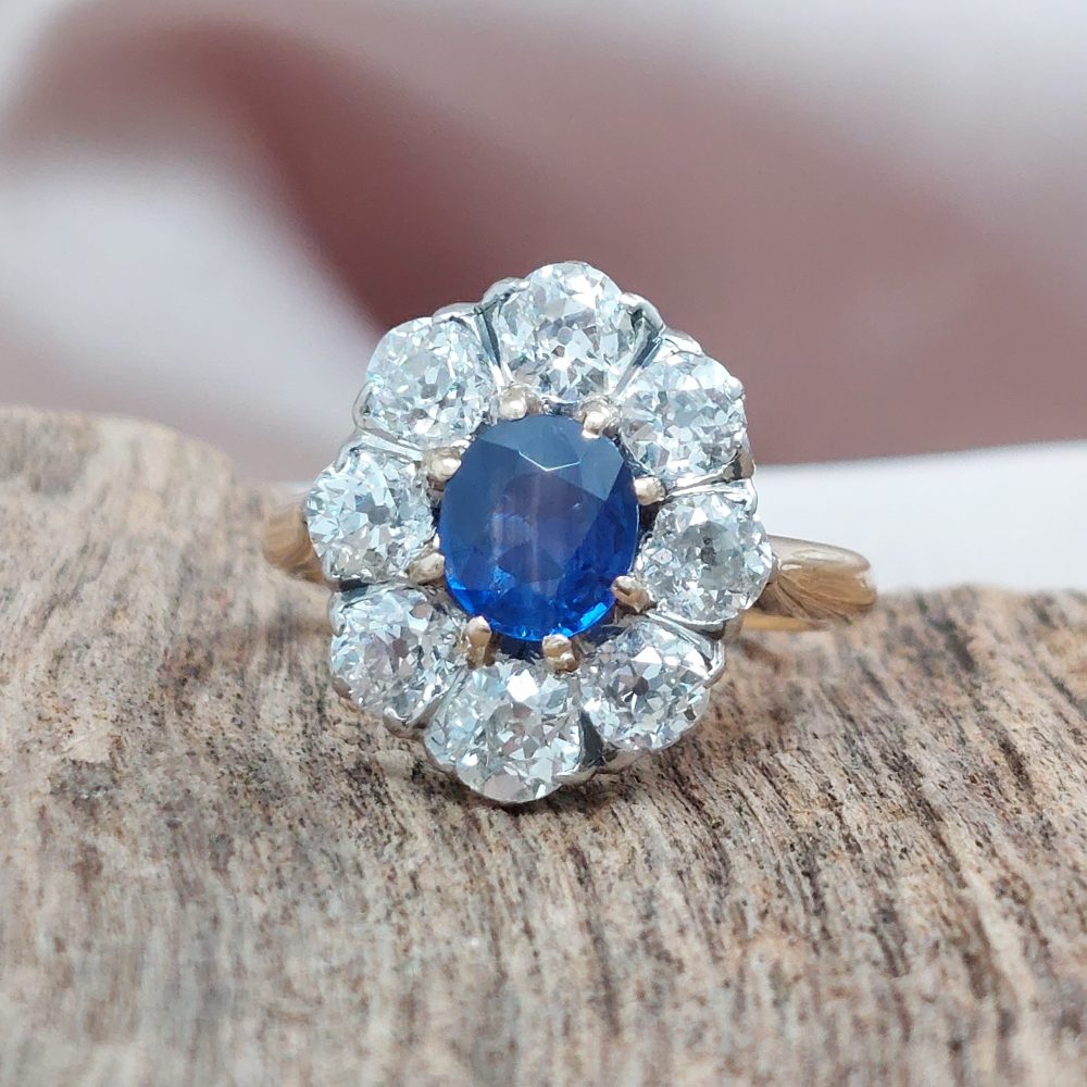 Antique Edwardian 1ct Sapphire and Old Cut Diamond Cluster Ring