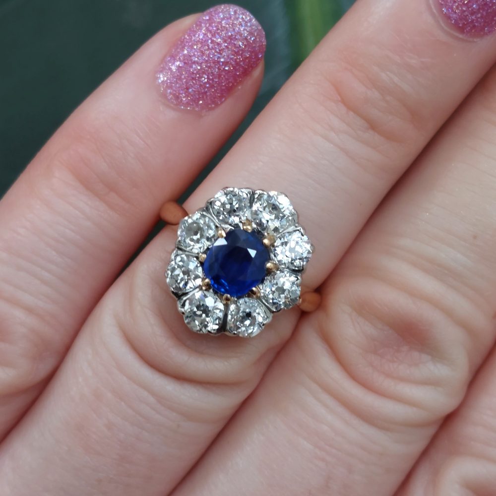 Antique Edwardian 1ct Sapphire and Old Cut Diamond Cluster Ring