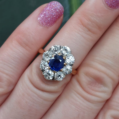 Antique Edwardian 1ct Sapphire and Old Cut Diamond Cluster Ring