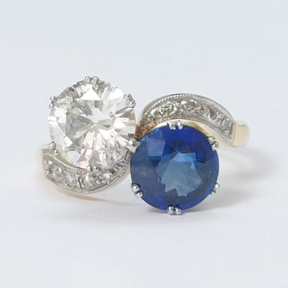 Antique Edwardian 2.10ct Sapphire and Diamond Crossover Ring