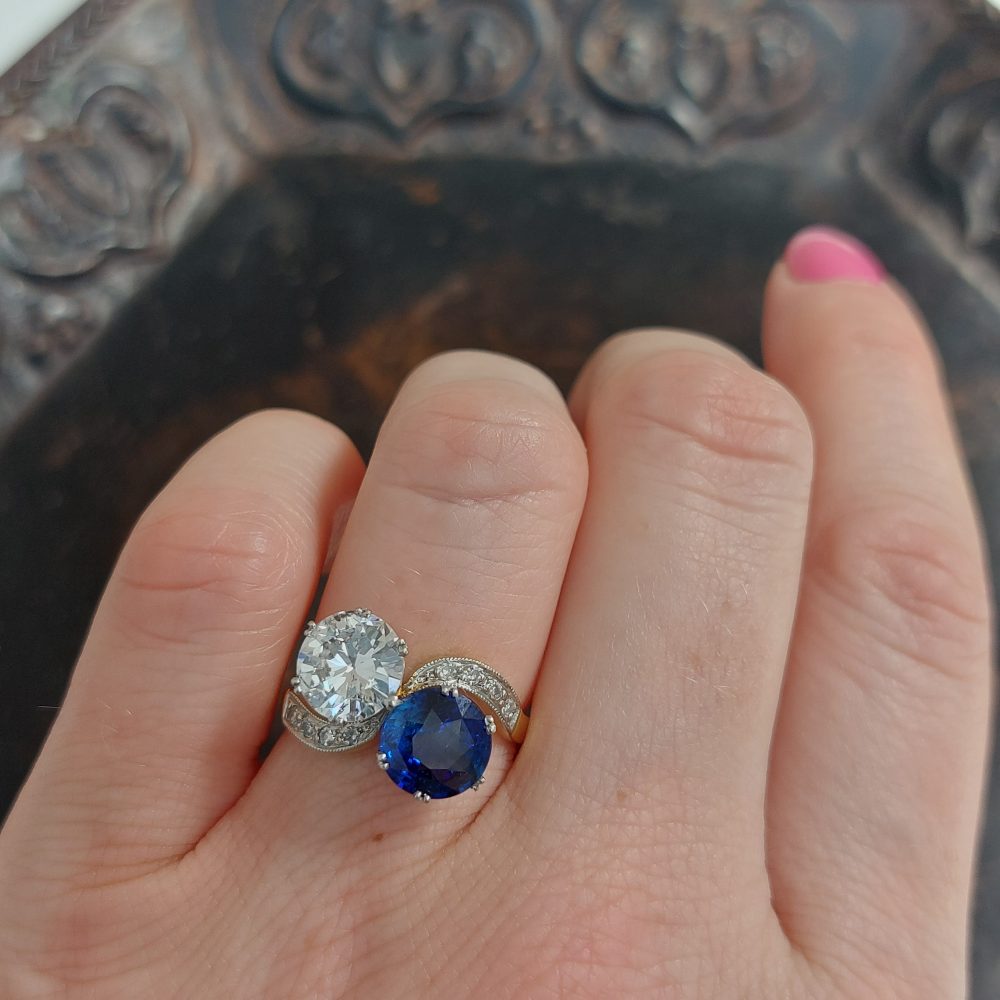 Antique Edwardian 2.10ct Sapphire and Diamond Crossover Ring