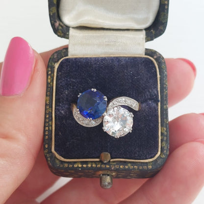 Antique Edwardian 2.10ct Sapphire and Diamond Crossover Ring