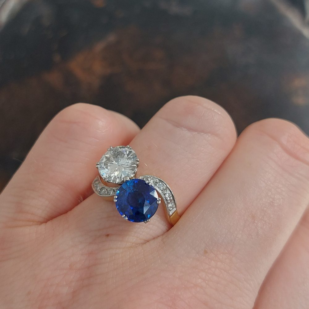 Antique Edwardian 2.10ct Sapphire and Diamond Crossover Ring