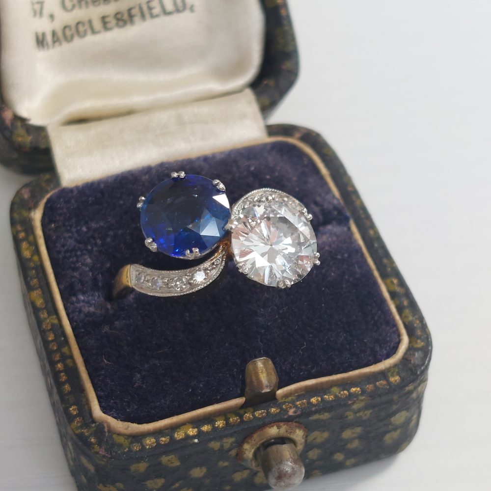 Antique Edwardian 2.10ct Sapphire and Diamond Crossover Ring