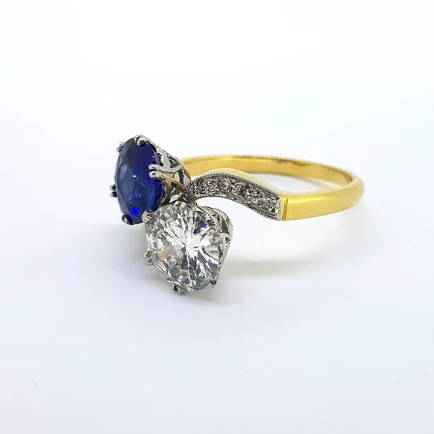 Antique Edwardian 2.10ct Sapphire and Diamond Crossover Ring