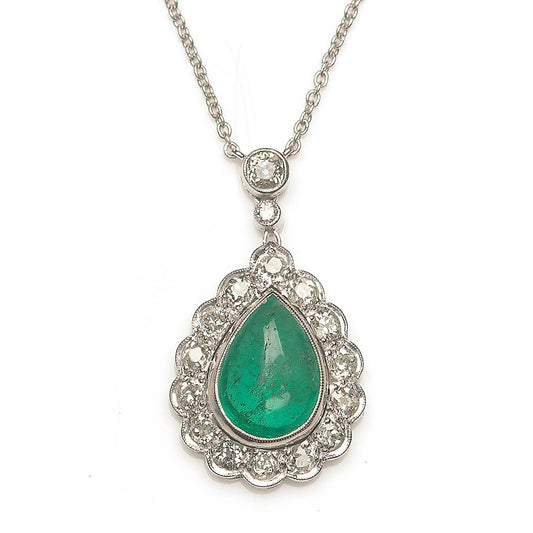 Antique Edwardian 2.50ct Emerald and Diamond Pendant Necklace