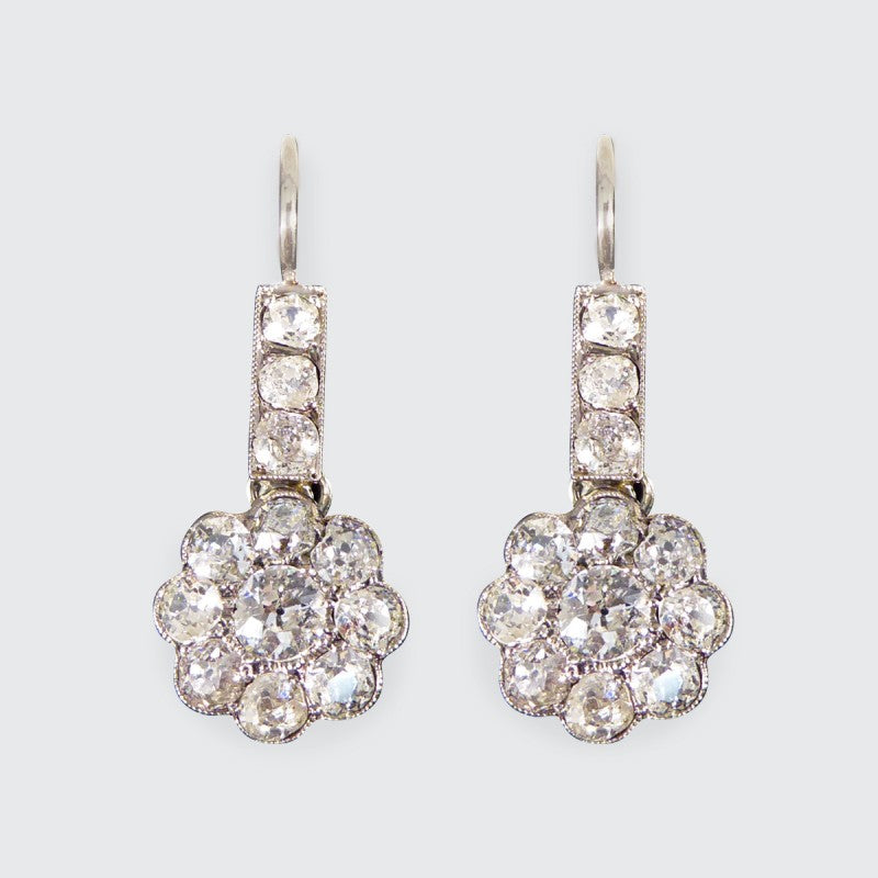 Antique Edwardian 2.62ct Diamond Daisy Cluster Drop Earrings