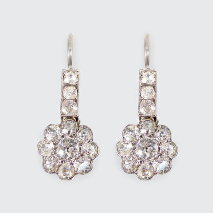 Antique Edwardian 2.62ct Diamond Daisy Cluster Drop Earrings