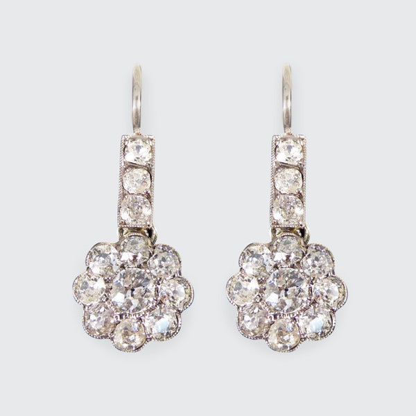 Antique Edwardian 2.62ct Diamond Daisy Cluster Drop Earrings