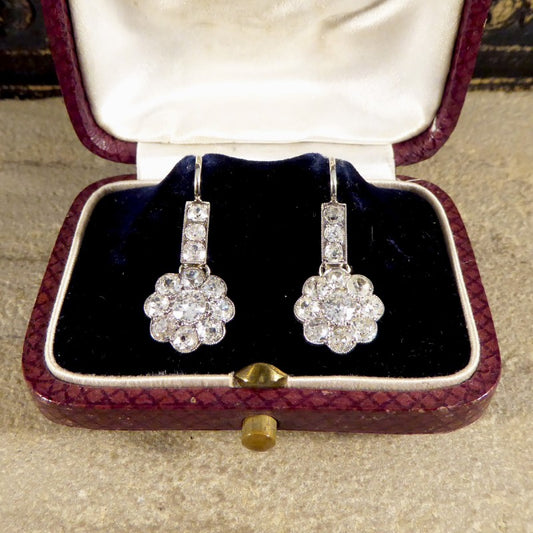 Antique Edwardian 2.62ct Diamond Daisy Cluster Drop Earrings