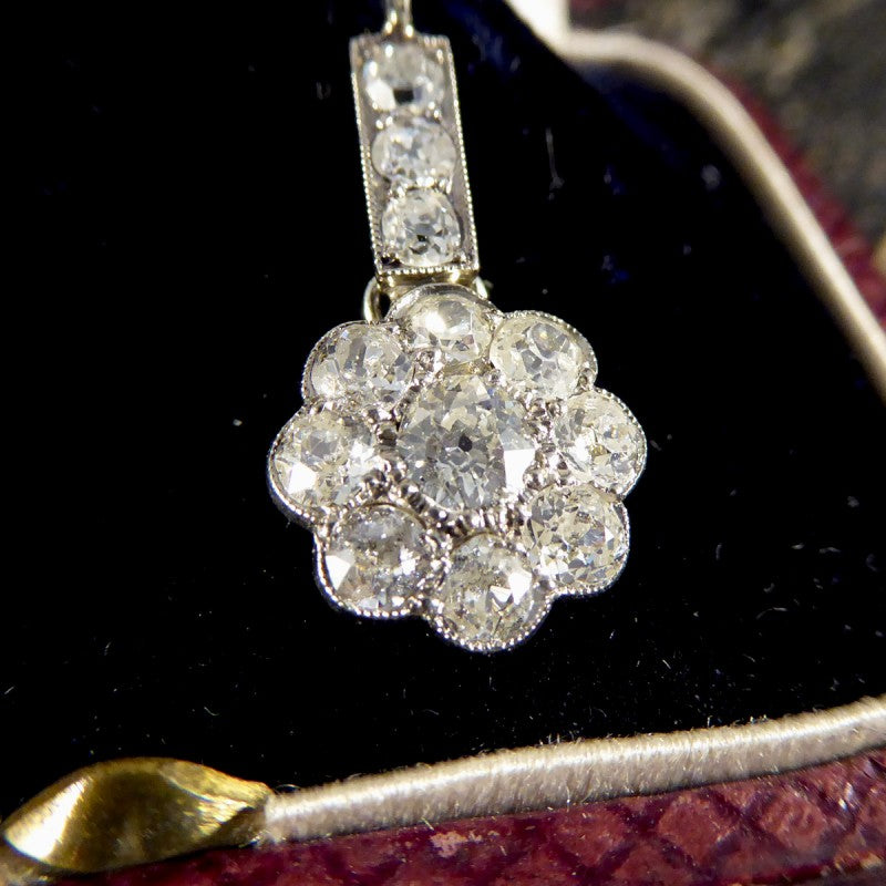 Antique Edwardian 2.62ct Diamond Daisy Cluster Drop Earrings