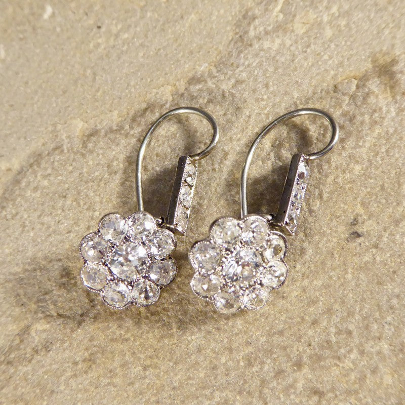 Antique Edwardian 2.62ct Diamond Daisy Cluster Drop Earrings