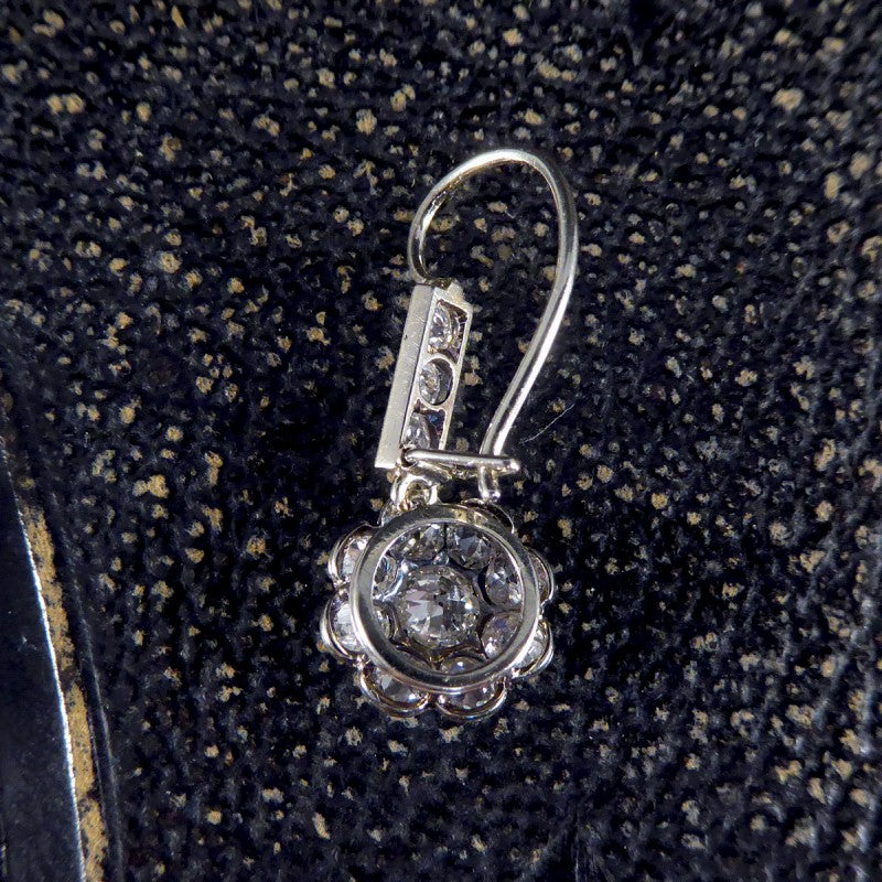Antique Edwardian 2.62ct Diamond Daisy Cluster Drop Earrings