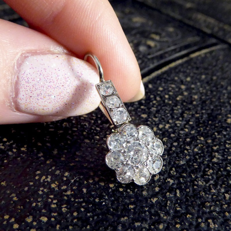 Antique Edwardian 2.62ct Diamond Daisy Cluster Drop Earrings