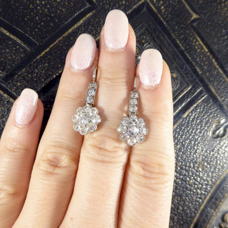 Antique Edwardian 2.62ct Diamond Daisy Cluster Drop Earrings