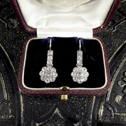 Antique Edwardian 2.62ct Diamond Daisy Cluster Drop Earrings