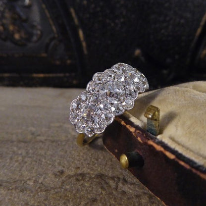 Antique Edwardian 2.87ct Triple Diamond Cluster Ring