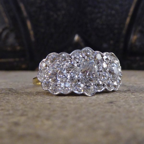 Antique Edwardian 2.87ct Triple Diamond Cluster Ring