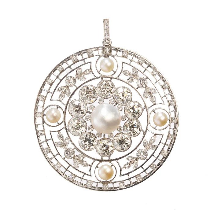 Edwardian Antique 5.90ct Diamond and Pearl Pendant in Platinum