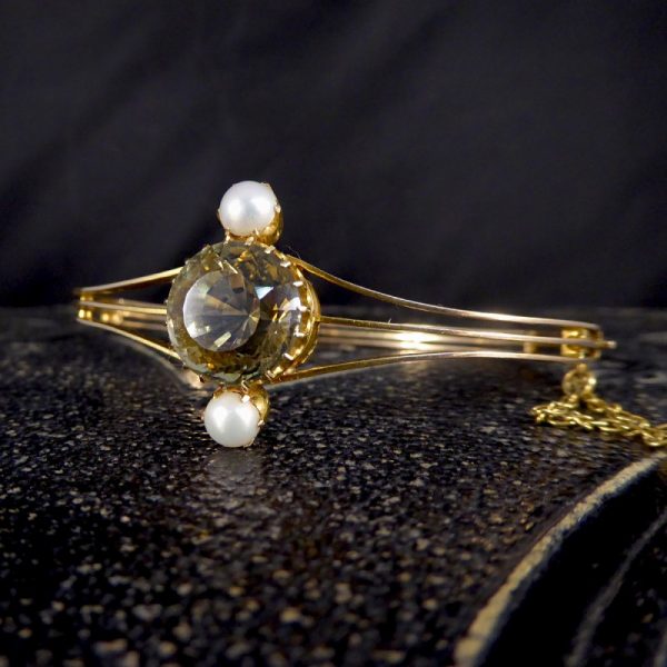 Antique Edwardian Aquamarine and Pearl Bangle Bracelet
