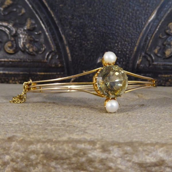 Antique Edwardian Aquamarine and Pearl Bangle Bracelet