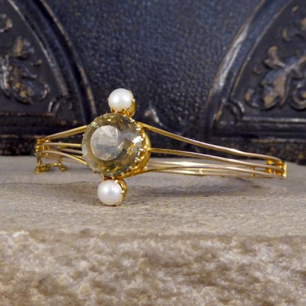Antique Edwardian Aquamarine and Pearl Bangle Bracelet