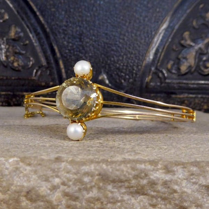 Antique Edwardian Aquamarine and Pearl Bangle Bracelet