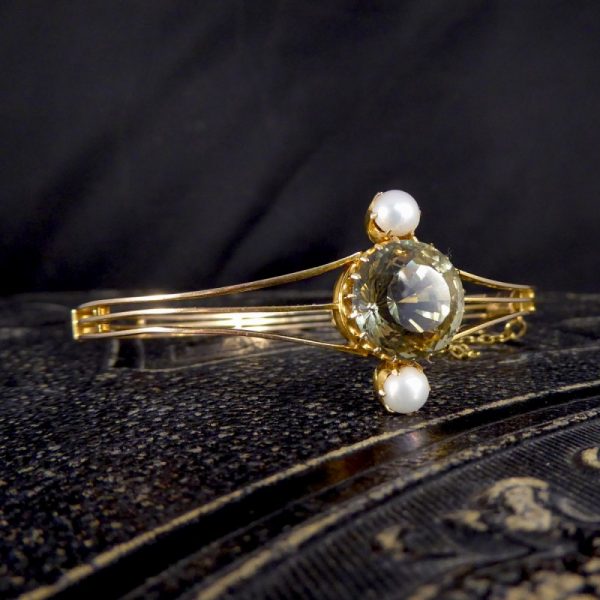 Antique Edwardian Aquamarine and Pearl Bangle Bracelet