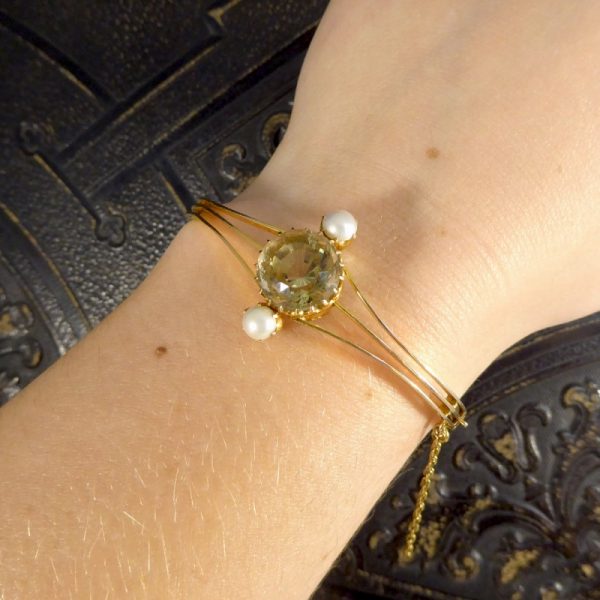 Antique Edwardian Aquamarine and Pearl Bangle Bracelet