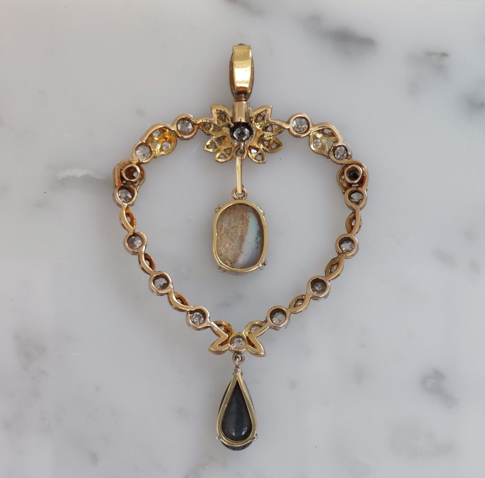 Antique Edwardian Diamond Heart and Opal Pendant Necklace