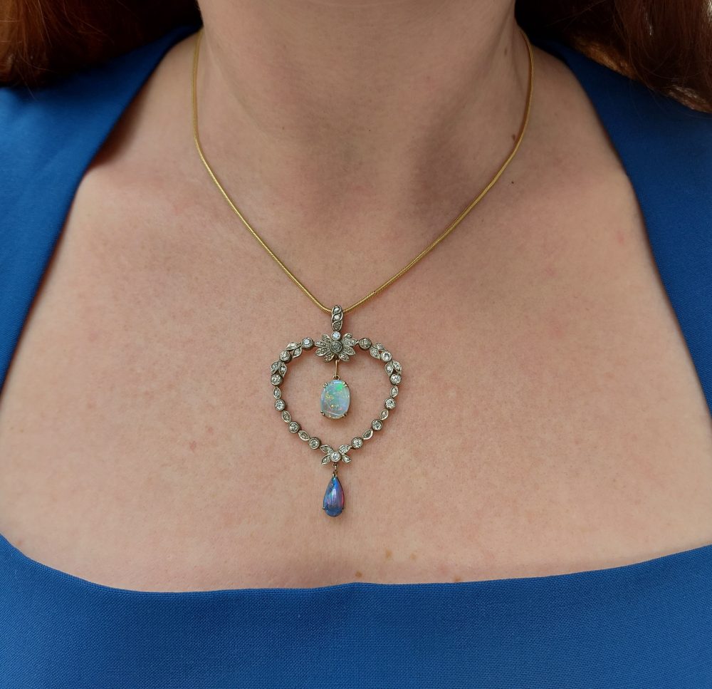 Antique Edwardian Diamond Heart and Opal Pendant Necklace