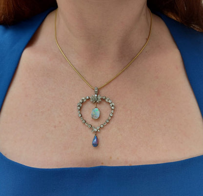 Antique Edwardian Diamond Heart and Opal Pendant Necklace