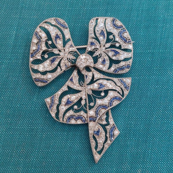 Antique Edwardian Diamond Sapphire Butterfly Bow Brooch