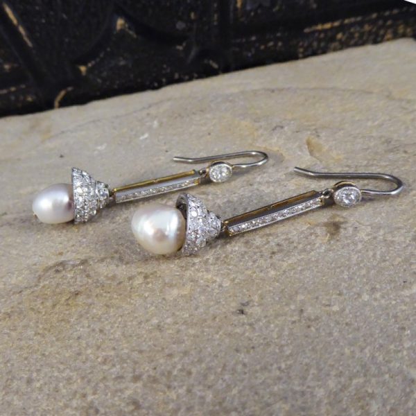 Antique Edwardian Diamond Set Natural Pearl Drop Earrings