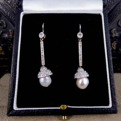 Antique Edwardian Diamond Set Natural Pearl Drop Earrings