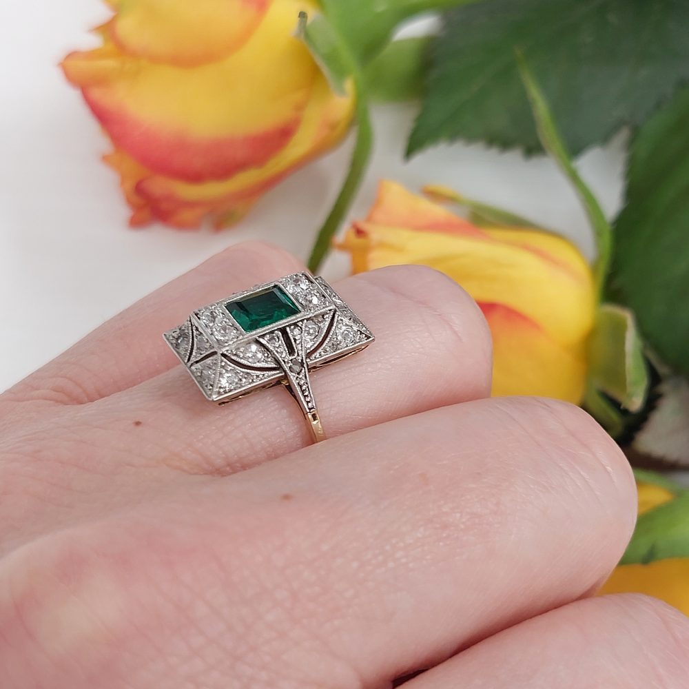 Antique Edwardian Emerald and Diamond Panel Ring