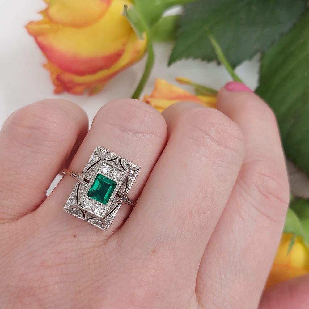 Antique Edwardian Emerald and Diamond Panel Ring