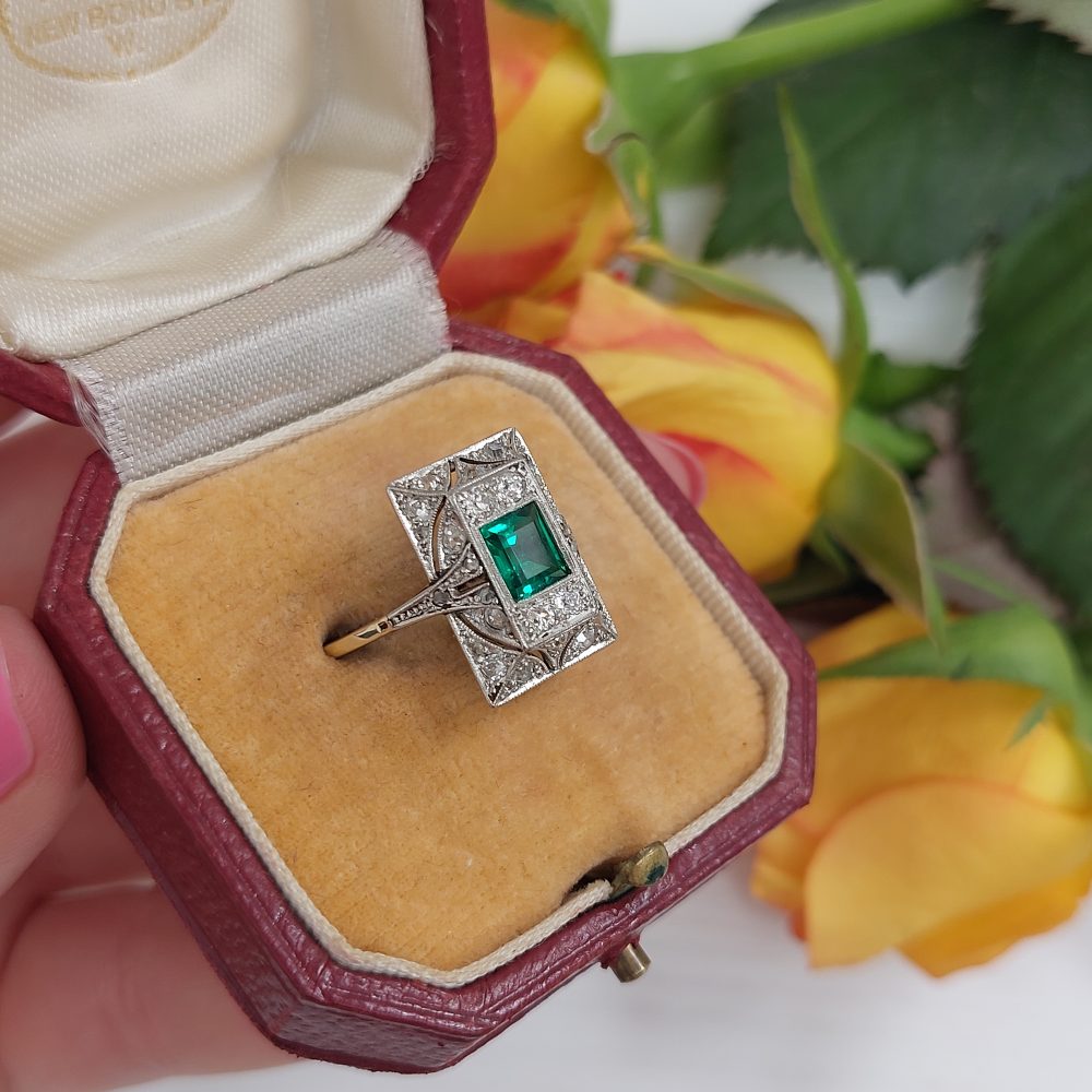 Antique Edwardian Emerald and Diamond Panel Ring